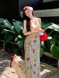 Daiiibabyyy  Vintage Printing Halter Dress Women's Clothing Sleeveless Slim Fit Temperament Vestidos High Waist Fashion Sweet Maxi Dress