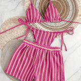 Daiiibabyyy  Stripe Mesh Three-piece Set Bikini Set Fashion Multiple Styles Multi-Color For Women's Sexy Backless Strap Triangle Cup Swimwear