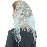 Daiiibabyyy  Simple Floral Printed Lace Triangle Scarf Embroidered Ethnic Style Lace Head Scarf for Women Lightweight Scarf Accessories