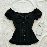 Daiiibabyyy  Vintage Black Lace Lace and Bubble Short Sleeved T-shirt Vintage Feel Summer Slim Fit Slimming Short Top