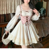 DAIIIBABYYY  -  Fresh Sweet Lolita Summer New Spliced Square Collar Bow Drawing Floral Fashion Solid Elegant Casual Long Sleeved Dresses