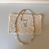 Daiiibabyyy  Fresh Blue Seed Beads Pearl Stone Clavicle Chain Summer Dopamine Beaded Necklace For Women and Girls Holiday Daily Jewelry