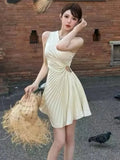 DAIIIBABYYY  -  Y2K Sweet Sexy Backless Solid Mini Dress Inclined-Shoulder Pleated Women's Dresses Beach Vacation Party Spring Summer 2025 New
