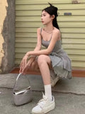 Daiiibabyyy  Two Piece Sets Women Clothing Sun Protection Crop Korean Cardigan + Fashion A-Line Mini Slip Dress Autumn Y2k Solid Color Suit