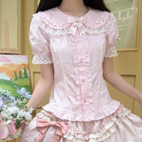 Daiiibabyyy  Costume Sweet Ruffles Blouses Spring Summer Japanese Style Puff Sleeve Women Shirts Retro Sweet Peter Pan Collar Blusas Mujer