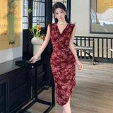 DAIIIBABYYY  -  Chinese Style Elastic Velvet Printed Evening Dress Women's Spring/summer Pure Sexy V-neck Slim Dress Fashion Female Clothes