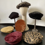 Daiiibabyyy  Women's Wool Blend Beret Hat Leopard Print Chic Elegance Painter Cap with UFO Design (Versatile Casual)
