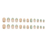 Daiiibabyyy  24pcs Manicure Oval False Nails Green French Fake Nails Detachable Cat Eye Flower Nail Tips DIY