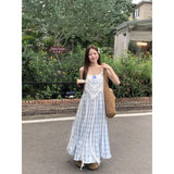 DAIIIBABYYY  -  Two Piece Dress Hollow Out Solid Tassels Fold Through Off Shoulder Dresses Plaid Pleated A-line Blue Skirts Summer Female Outfit