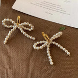 Daiiibabyyy  Korean White Imitation Pearl Bow Dangle Earrings for Women Elegant Handmade Woven Beaded Earrings Wedding Y2K Jewelry