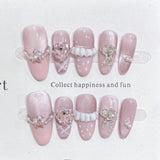 Daiiibabyyy  10pcs Purple Cat's Eye Handmade Fake Nails Tips Glitter Mid-length Oval Press on Nails Art Bow Rhinestone Design False Nail Sets