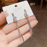 Daiiibabyyy  Korean Fashion Metal Rhinestone Knot Zircon Long Tassel Earrings Women's Luxury Jewelry Fashion Casual Party Lady Ear Accessory