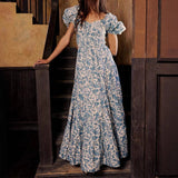 Daiiibabyyy  Women Summer Square Collar Holiday Dress 2025 Chic Floral Print Female Long Dress French Elegant Puff Sleeve Swing A-line Dress