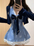 Daiiibabyyy  Y2k Aesthetic Retro Sweet 2 Piece Set Women Vintage Halter Neck Dress +Long Sleeve Cardigan Harajuku Chic Korean Popular Clothes