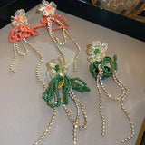 Daiiibabyyy  Sweet Clear Flower Green Crystal Tassel Long Earrings Women's Countryside Style Holiday Temperament Fashion Jewelry