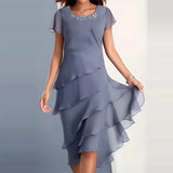 Daiiibabyyy Elegant Lady Patchwork Chiffon O Neck Short Sleeve Dress Fashion Sexy Female Casual Party Dress New Women's Tierred A Line Dress