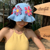 Daiiibabyyy Japanese Niche Colorful Flowers Hollow Knitted Bucket Hats for Women Spring and Summer Vacation Fashion Versatile Basin Caps