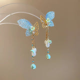 Daiiibabyyy  Fairy Imitation Pearl Rhinestone Hollow Metal Star Butterfly Tassel Dangle Earrings for Women Real Gold Copper Jewelry