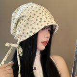 Daiiibabyyy  Floral Beanies Straps Baotou Stacking Hat Female Headscarf Retro Cold Hat Big Head Circumference Skullies Korean Loose Hat