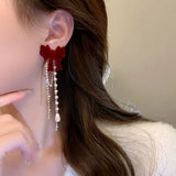 DAIIIBABYYY  -  Wine Red Flocking Bow-knot Rhinestone Pearl Tassel Drop Earrings for Women Korean Fashion Winter New Year Party Earring Jewelry