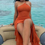 Daiiibabyyy  Elegant Sleeveless Hight Split Formal Party Dress Women Fashion Draped Solid Long Dress Sexy Slanted Shoulder Ruffled Edge Gown
