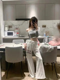 DAIIIBABYYY  -  Pure Sexy Letter Print Off Shoulder T-shirt Women's Autumn Hot Girl Long-sleeved Short Slim Fitted Top Fashion Female Clothes
