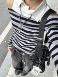 Daiiibabyyy  Early Autumn Slim Fit Split Two-Piece Striped One Shoulder Shirt Women Fall New Arrival Long Sleeve Top