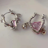 Daiiibabyyy  Y2K Pink Crystal Heart-Shaped Ear Buckle for Women Rectangular Asymmetrical Metal Circle Pendant Women's Banquet Elegant Earring