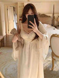 Daiiibabyyy Spring Silk Sexy Strap Dress Women Casual Korean Elegant Long Split Dress Court Retro Party Lace Dress Women Fashion V Neck