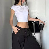Daiiibabyyy  Sexy Letter Printing T-shirt For Women Fashionable Regular Shoulder Short Sleeve Slim Fit Tight Personalized Street Backless Top