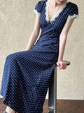 DAIIIBABYYY  -  French Lace Polyester Fiber Patchwork Dress, Summer V-neck, Elegant Polka Dot, Waistband, Slimming Long Skirt