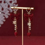 Daiiibabyyy  Red Flocked Bowknot Snowflake Star Heart Long Earrings Christmas Sweet Fashion Jewelry Women New Year Gifts