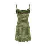 Daiiibabyyy  Vintage French Style ArmyGreen Polka Dot Print Wood ears O neck Sling Dress Women a-lined Short Dresses Femme Vestidos Robe