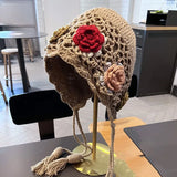 Daiiibabyyy  Flower Knitted Hat Women's New Autumn Japanese Retro Hat Literary Temperament Versatile Ear Protectort Hat Female