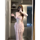 Daiiibabyyy  Vintage French Pink Dresses for Women Summer Jacquard Lace Sexy Spaghttti Strap Dress Party Night Robe Rose Fairy Vestidos