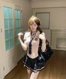 DAIIIBABYYY  -  College Style Set Women's Summer V-neck Slim Fit Short-sleeved Shirt High Waist Plaid A-line Skirt Two-piece Set Female Clothes