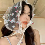 Daiiibabyyy  1 Pcs Women's Hair Scarfs Dopamine Butterfly Lace French Cute Elegant Sweet Triangle Headscarfs Beach Mesh Hair Accessories Girl