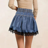 Daiiibabyyy  Midi Skirt Solid Blue Pleated Denim Skirt High Waist Button Front Jeans Skirt Drawstring Waist Tiered Lace Trim Elegant A Line