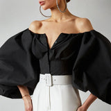 Daiiibabyyy Off Shoulder Lantern Sleeve Women Shirt Design Cotton Soild Single-breasted Backless Slim Blouse Elegant Spring Summer Tops