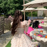 Daiiibabyyy  French Princess Sweet Floral Bow Tie Dress with Square Neckline Puffy Short Sleeves and Short Length for Summer
