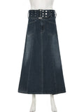 DAIIIBABYYY  -  Basic A-Line Denim Skirts With Belt Casual Slim Pockets High Waist Maxi Skirts Women 2025 Spring Autumn Streetwear Lady