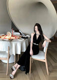 Daiiibabyyy  French Elegant Heavy Work Handmade Rhinestone Dress Women Velvet Sexy Slim Long Dress Evening Gown Fashion High Waist V-Neck