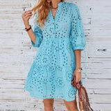Daiiibabyyy Jacquard Embroidery Hollow Lace Party Dress Women Spring Elegant V-neck Buttons Mini Dress Autumn 3/4 Sleeve Sexy A-Lineoho Robe