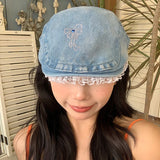 DAIIIBABYYY  -  Fashion Hot Diamond Bow Lace Edge Berets for Women Spring and Summer Casual Versatile Korean Version Retro Denim Forward Hat