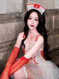 Daiiibabyyy  Sexy Maid Costume Set Halloween Sweetheart Nurse Lace Strap Mesh Pure Desire Puffy Skirt Two-Piece Suit for Women