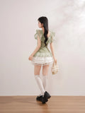 Daiiibabyyy  Vintage Japanese Square Collar Short Sleeve Solid Lace Patchwork Bow Women Blouse