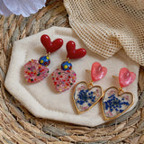 Daiiibabyyy  Colored Glaze Resin Heart Dangle Earrings for Women Sweet Polka Dot Flower Pendant Earring Beach Dating Picnic Party Jewelry K
