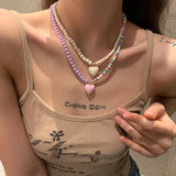 Daiiibabyyy Sweater Chain Y2K Simple Alloy Women Jewelry Accessories Korean Necklace Rainbow Color Necklace Love Heart Pendant