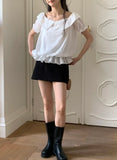 DAIIIBABYYY  -  2025 Korean Chic Summer New Style Romantic Texture Temperament Off Shoulder Ruffle Edge Short Sleeved Shirt Top