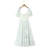 Daiiibabyyy  Floral Print Bow Wood ears Sqare Collar Puff Sleeve Long Dress Women Bandage Front Patchwork Body Swing Dresses Vestidos